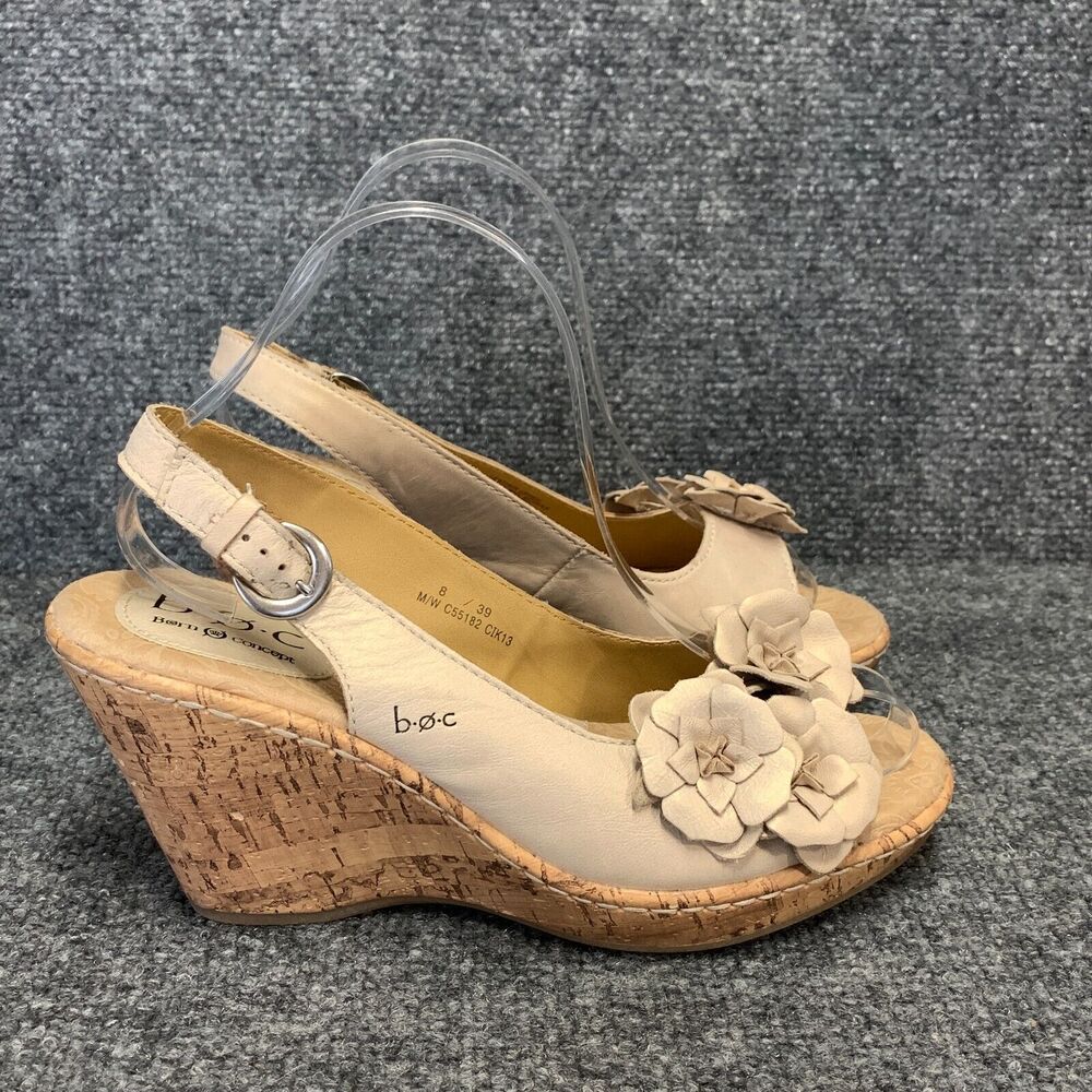Born Boc Cork Wedge Sandals Womens 8 Tan Comfort Slingback Peep Toe Floral